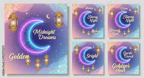 Golden crescent moon neon light with lanterns on starry night sky