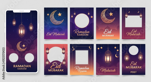 Ramadan kareem and eid mubarak social media story templates with islamic symbols