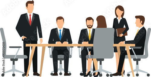 Business people having a meeting in office conference room around table and discussing corporate strategy flat vector illustration