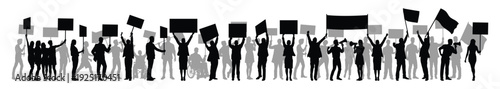 Silhouettes of crowd protesters in various poses holding blank banners placards and flags vector illustration. People activist gather speaking through loudspeaker silhouette flat vector illsutration.