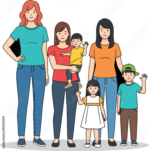 Group of diverse women with young children and kids standing together flat vector illustration
