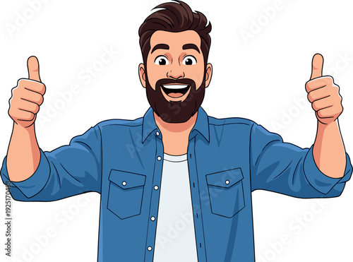Cheerful bearded man showing double thumbs up sign with a happy smile wearing denim shirt flat vector illustration
