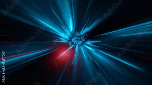 Blue radial light streaks converging toward bright center with red accent in motion blur