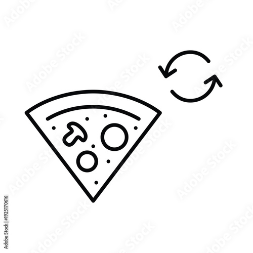 Pizza and renew arrows. Food delivery update, takeaway menu refresh. Sustainable ingredients. Pixel perfect, editable stroke vector icon
