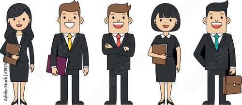 Set of diverse business people and office workers characters in formal suits holding briefcase and documents flat vector illustration