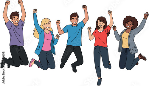 Set of diverse happy people jumping and celebrating with hands raised in the air flat vector illustration