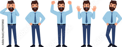 Set of happy businessman character in blue shirt and tie with various success and winner poses flat vector illustration