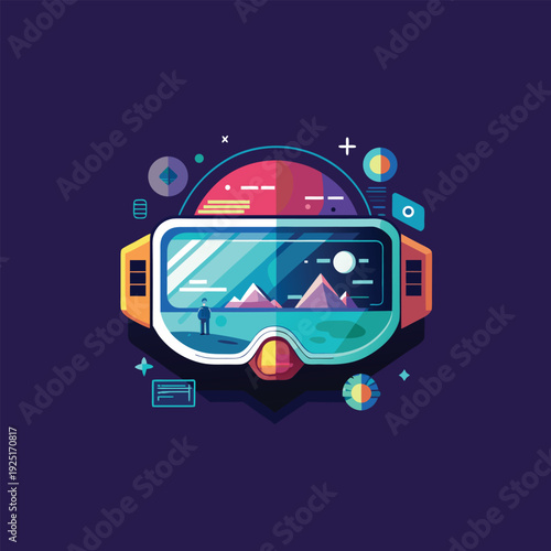 A futuristic virtual reality headset with a scenic landscape view inside