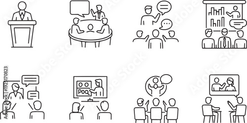 Set of hand drawn flat style icons illustrating various communication and business scenarios