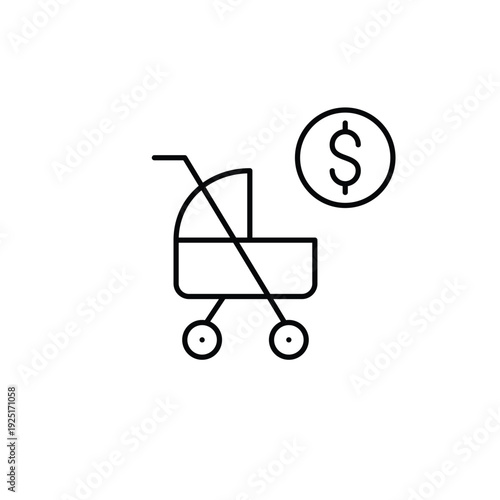 Baby stroller and dollar. Childcare cost, baby expenses, family budget and shopping. Pixel perfect, editable stroke vector icon