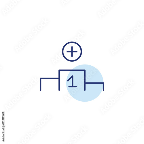 Rank update, award added. Plus symbol on winner podium. Success and competition. Pixel perfect, editable stroke vector icon