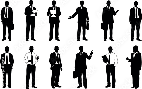 Set of professional business people and executives in various standing poses black silhouettes flat vector illustration