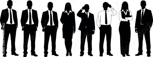 Set of professional business people silhouettes in various standing poses and corporate formal wear flat vector illustration