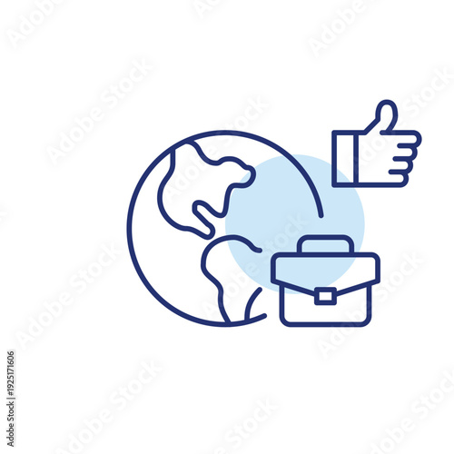 Earth, briefcase and like. International work trips, luggage and sustainable adventure. Pixel perfect, editable stroke vector icon