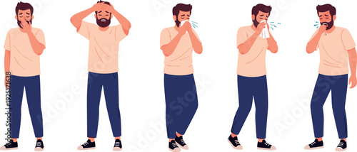 Set of sick man character with flu symptoms including coughing sneezing fever and headache flat vector illustration