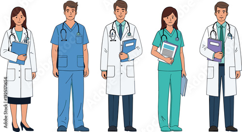 Set of professional medical doctors and healthcare staff in white coats and scrubs with stethoscopes and clipboards flat vector illustration