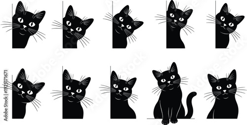 Black cat silhouettes collection set, cute peeking kitten heads, curious pets watching from corner, isolated flat vector, cad drawing illustration.
