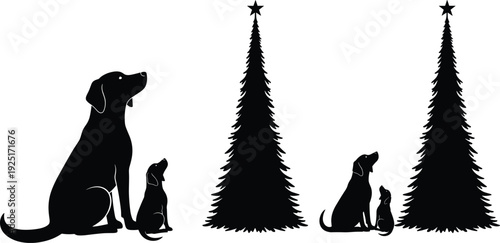 Black Labrador mother dog and puppy silhouettes watching Christmas trees with stars, winter holiday pet family scene, flat vector illustration.