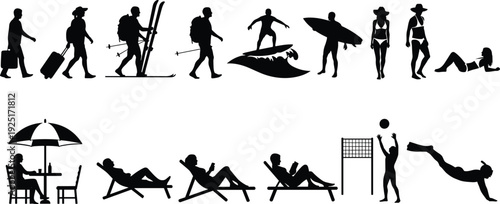 Diverse people silhouettes collection for travel and sports, skiing surfing hiking sunbathing and swimming activities set, cad drawing flat vector illustration.