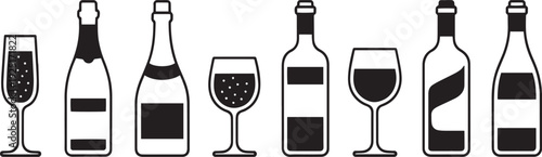 Set of various wine and champagne bottle and glass vector icons isolated