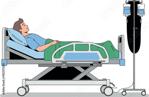Sick male patient lying in adjustable hospital bed with IV drip pole and medical equipment flat vector illustration