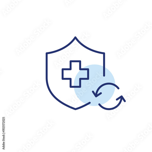 Health insurance shield with cross and renew arrows. Coverage update, policy refresh, protection renewal. Pixel perfect, editable stroke vector icon