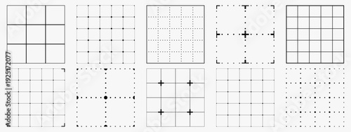 Set of blueprint black graph seamless patterns on white paper. Regular square grid and thin cross lines. Notebook background for engineering, math and infographic design.