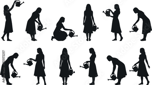 Collection of black silhouettes showing women watering plants with cans, perfect for gardening, spring nature, agriculture, and hobby lifestyle vector design projects.