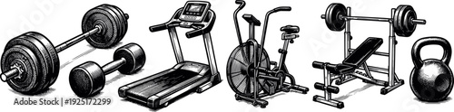 Detailed hand drawn sketch collection of gym fitness equipment including barbell, treadmill, exercise bike, bench press, and kettlebell for healthy lifestyle designs.