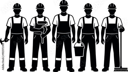 Set of silhouettes representing construction workers and maintenance staff wearing hard hats and uniforms holding tools for industrial labor and service icons