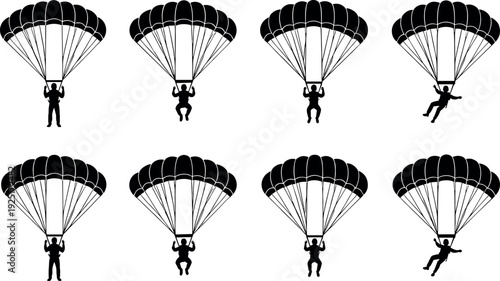 Collection of black skydiver silhouettes featuring parachuting and paragliding poses in the air for extreme sports adventure and outdoor recreation graphic elements