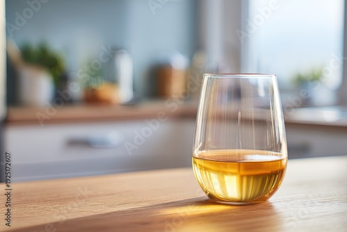 Golden mead beverage in a simple glass on a wooden table in a modern kitchen setting