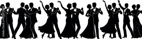 Collection of black silhouettes featuring elegant couples ballroom dancing in formal attire for wedding celebration gala events and professional dance studio graphics