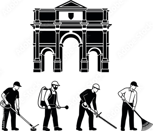 Collection of black silhouettes featuring professional maintenance workers landscaping and cleaning near a classical stone monument or triumphal arch for city public works