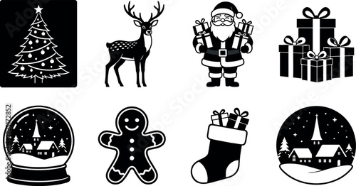Black and white Christmas holiday icons collection featuring Santa Claus reindeer decorated tree gingerbread man snow globe and winter village symbols for festive decoration