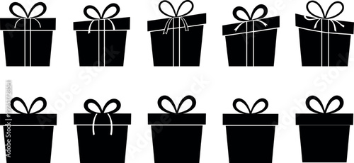 Collection of black Christmas holiday icons featuring holly berry leaves and gift box silhouettes with ribbons for festive winter season celebration graphic design