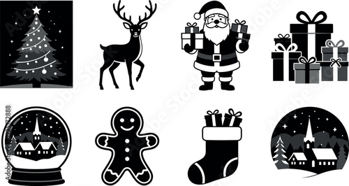 Set of black and white Christmas holiday icons featuring Santa Claus reindeer decorated tree gingerbread man snow globe and festive winter season symbols