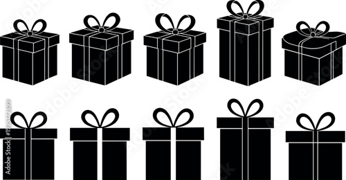 Collection of black gift box silhouettes with ribbons and bows in 3D perspective and flat icon styles for Christmas birthday celebration surprise
