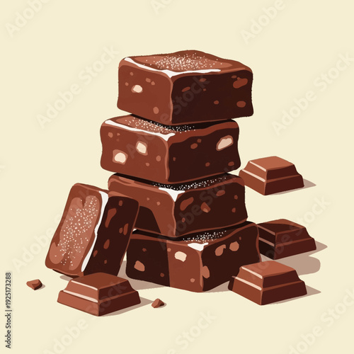 A delicious stack of rich chocolate brownies with scattered chocolate chunks on a light background.