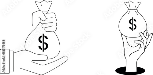 Money bag outline icon with hands holding dollar sacks vector illustration isolated on transparent background