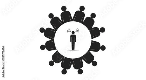 Silhouette of a person standing isolated in a circle of people representing social anxiety or loneliness