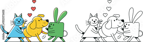 Cute Cartoon Cat Dog and Rabbit Friends with Hearts Vector Illustration