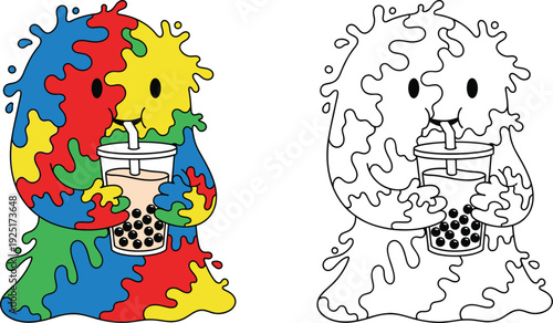 Playful Colorful Blob Character Enjoying Bubble Tea Vector Illustration