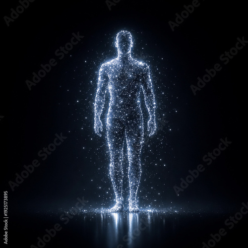 Glowing Human Silhouette Formed by Luminous Particles in Dark Abstract Space