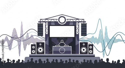 Concert stage with dj and sound waves live music performance with audience nightclub or festival setup with speakers