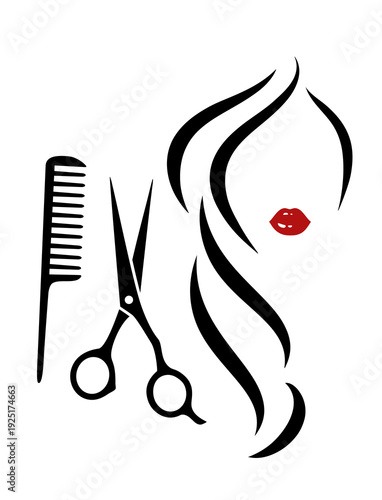 Hair salon logo with woman long hair, haircut, scossors and comb