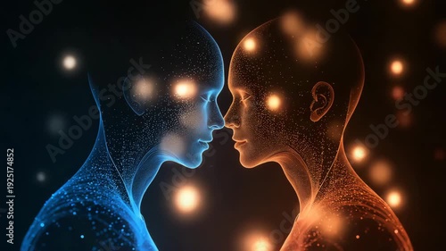 Abstract blue and orange human profiles facing each other with glowing light particles on dark background