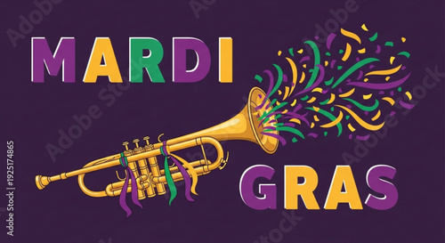 Mardi gras trumpet with colorful confetti and purple background festive carnival celebration