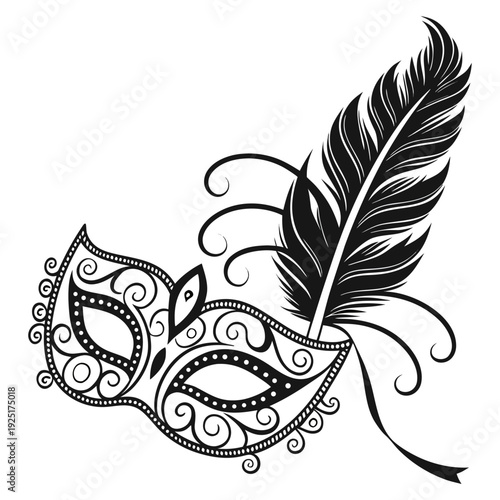 Intricate Venetian Masquerade Mask Line Art. Elegant Ornamental Design for Coloring and Decoration. Elegant masquerade mask with intricate filigree line art for events.