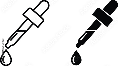 Vector illustration set of dropper icons with liquid droplet, outline style, solid silhouette, medical design decorative motifs